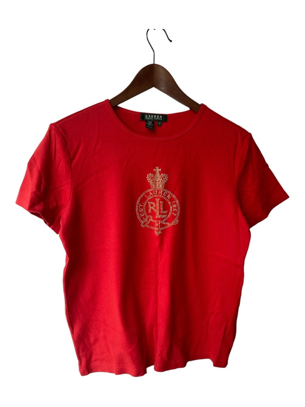 Ralph Lauren Red Tee with Gold Rhinestone Crest